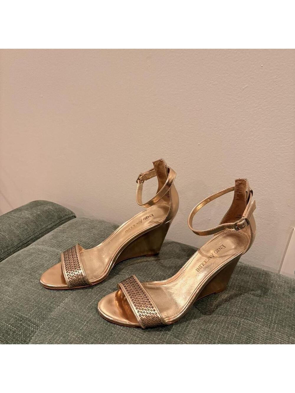 Enzo Angiolini Metallic Rose Gold Wedge Sandals with Ankle Strap